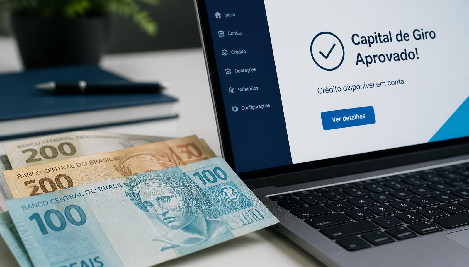 Notas de real ao lado de laptop com tela de capital de giro aprovado para empresa importadora